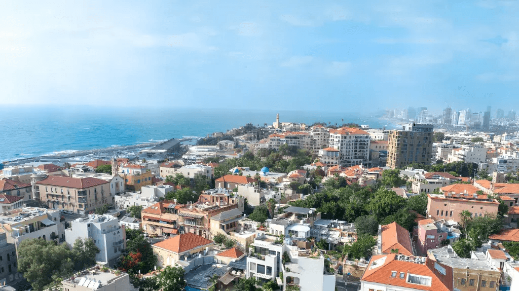 מבט אווירי על יפו העתיקה עם מיקום הפרויקט ונקודות עניין סמוכות